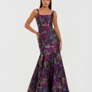 Navy Multicolor Sleeveless Brocade Trumpet Gown