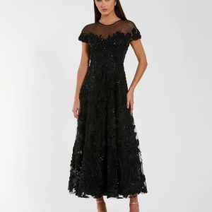 Black Embellished Lace Illusion Neck A-Line Cocktail Dress