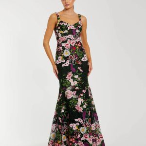 Black Sleeveless Floral Embroidered Mermaid Gown