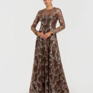 Brown Embellished Long Sleeve High Neck Evening Gown