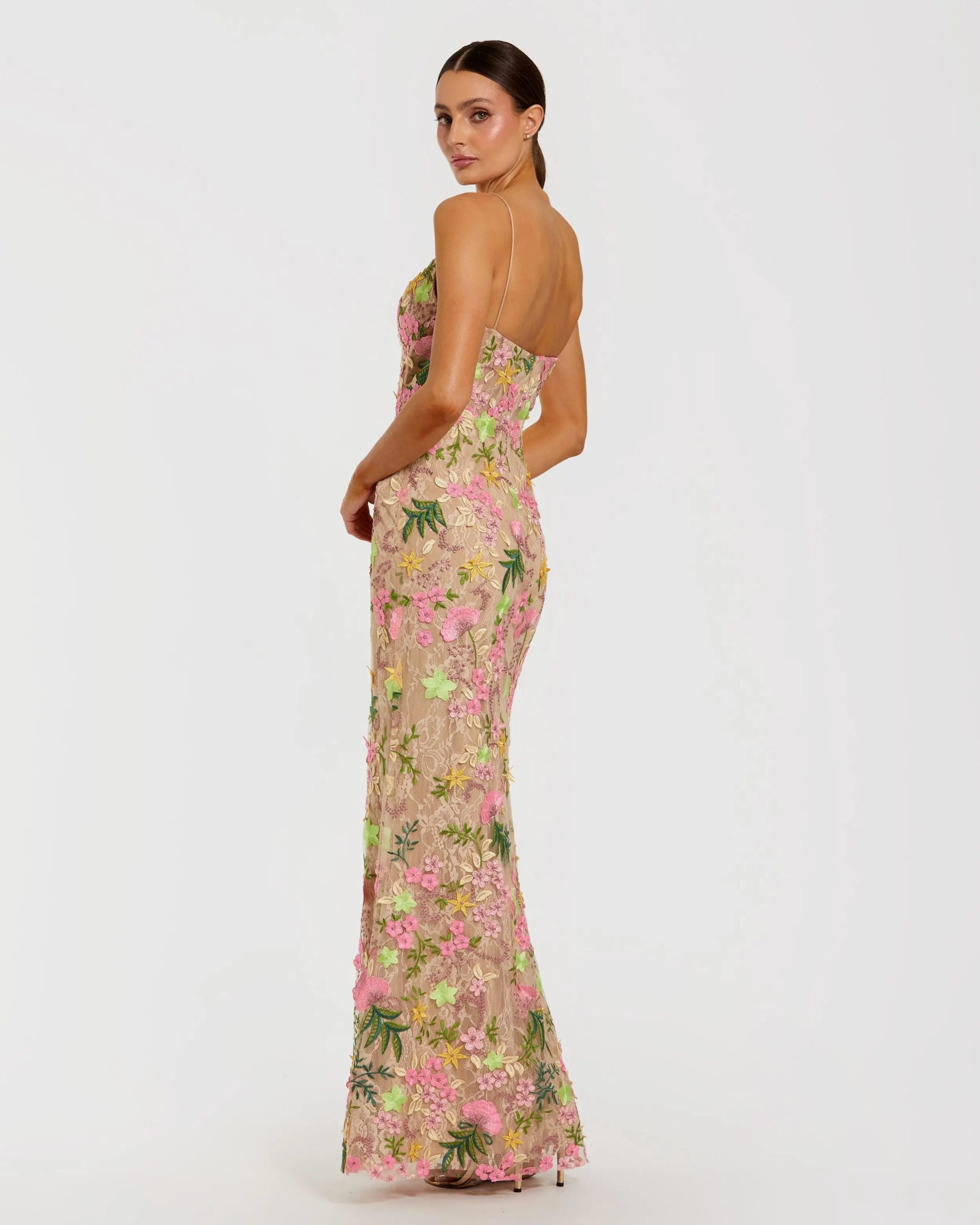 Beige Multi Floral Rhinestone Embroidered Column Gown - Image 3