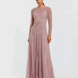 Pink Beaded High Neck Long Sleeve A Line Gown