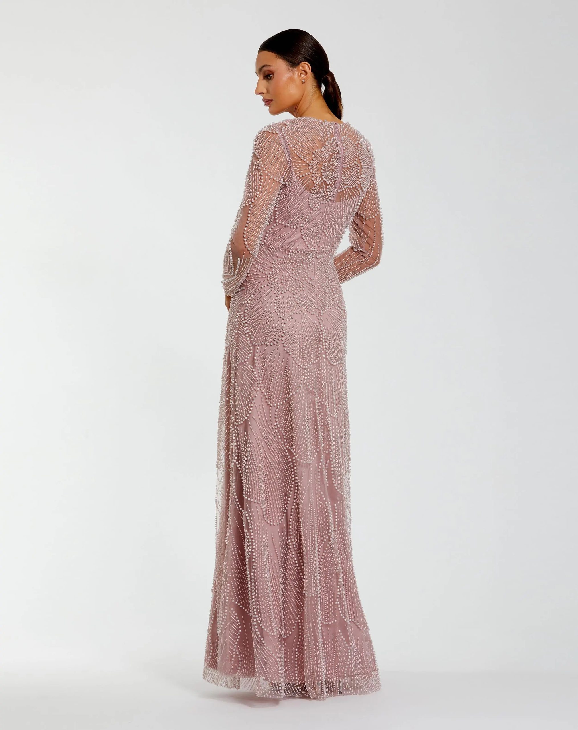 Pink Beaded High Neck Long Sleeve A Line Gown - Image 3