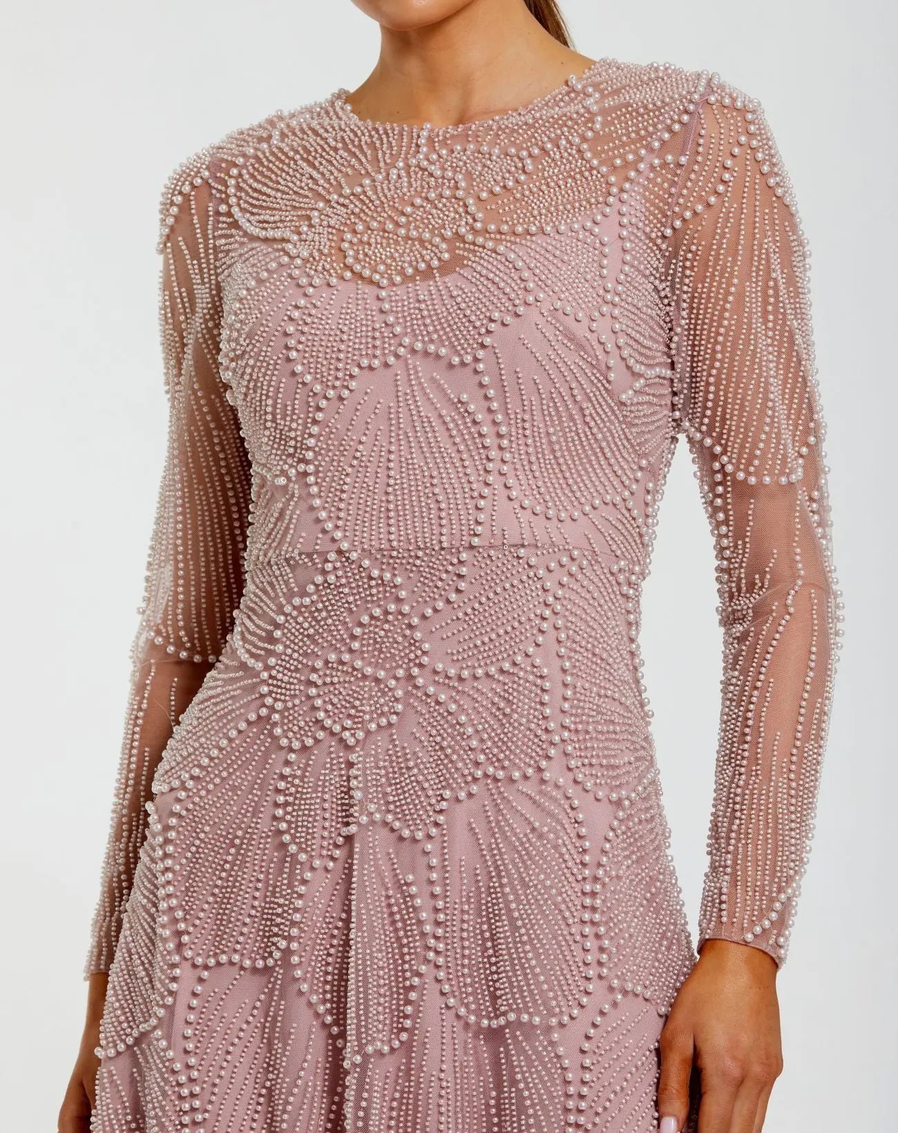 Pink Beaded High Neck Long Sleeve A Line Gown - Image 2