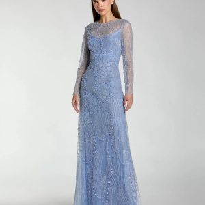 Blue Beaded High Neck Long Sleeve A Line Gown