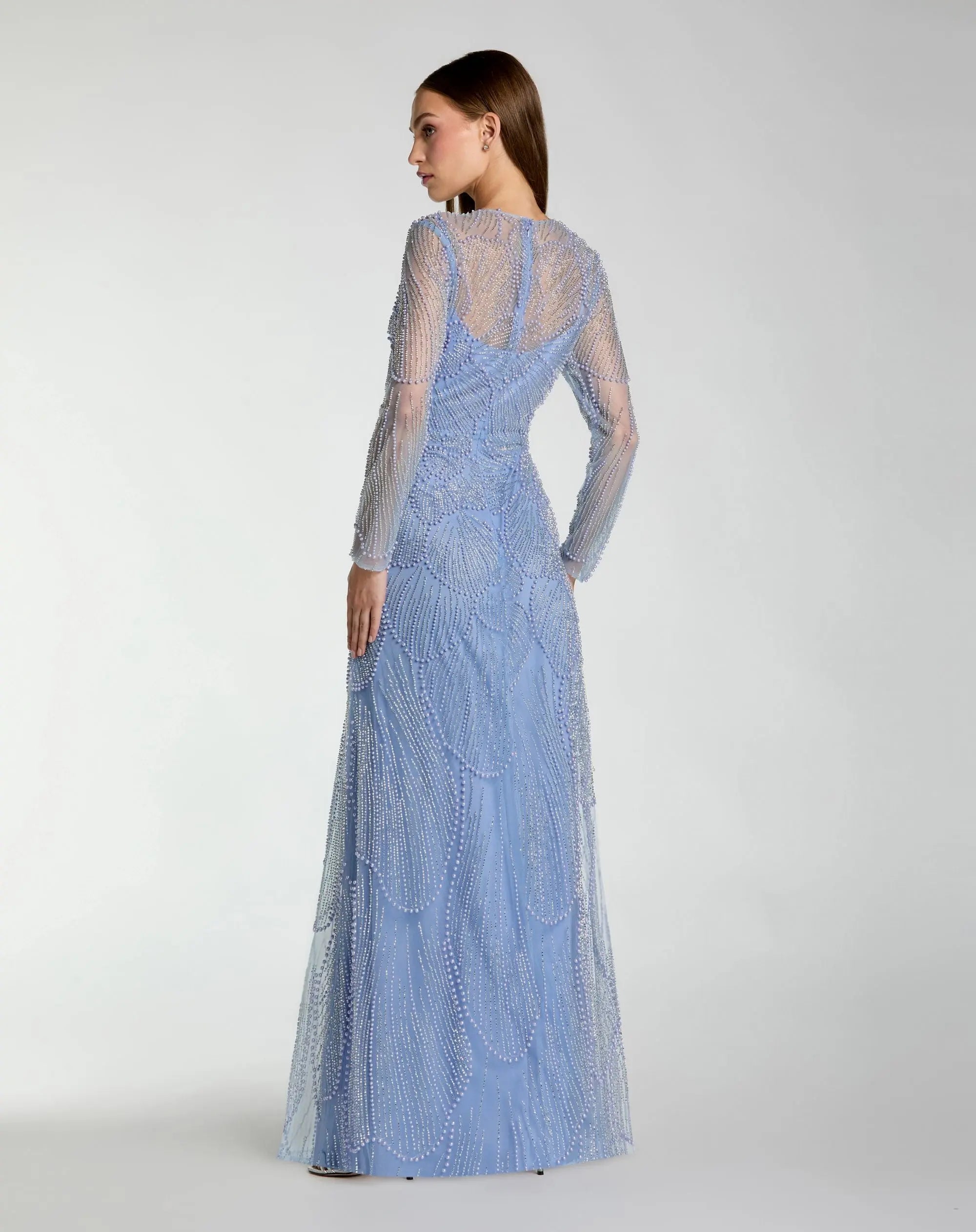Blue Beaded High Neck Long Sleeve A Line Gown - Image 3