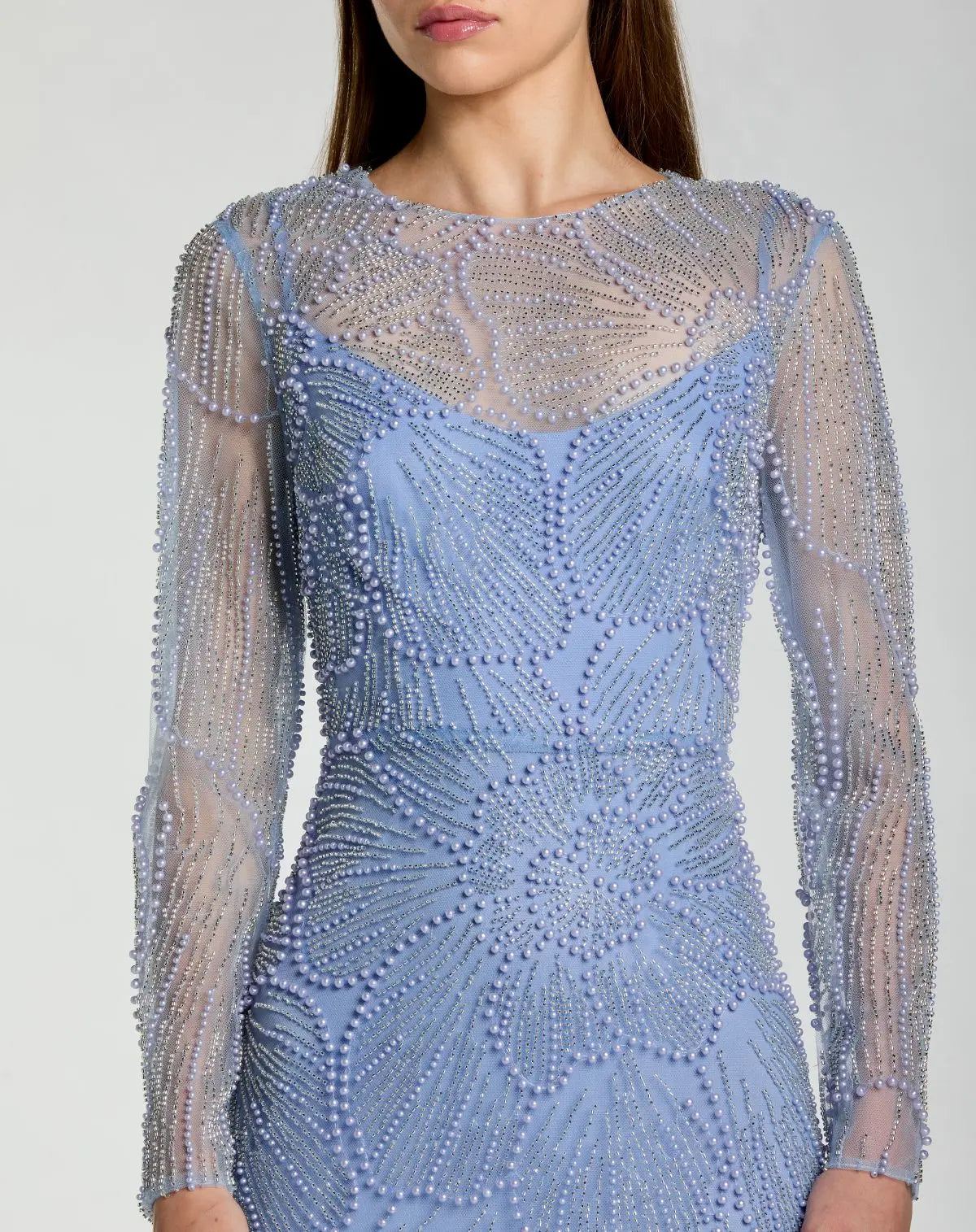 Blue Beaded High Neck Long Sleeve A Line Gown - Image 2