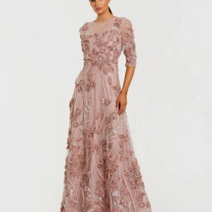 Pink High Neck Embellished Lace Gown with 3/4 Sleeves
