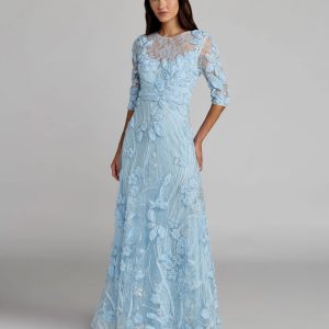 Blue High Neck Embellished Lace Gown with 3/4 Sleeves