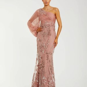 Pink One Sleeve Chiffon Embellished Gown