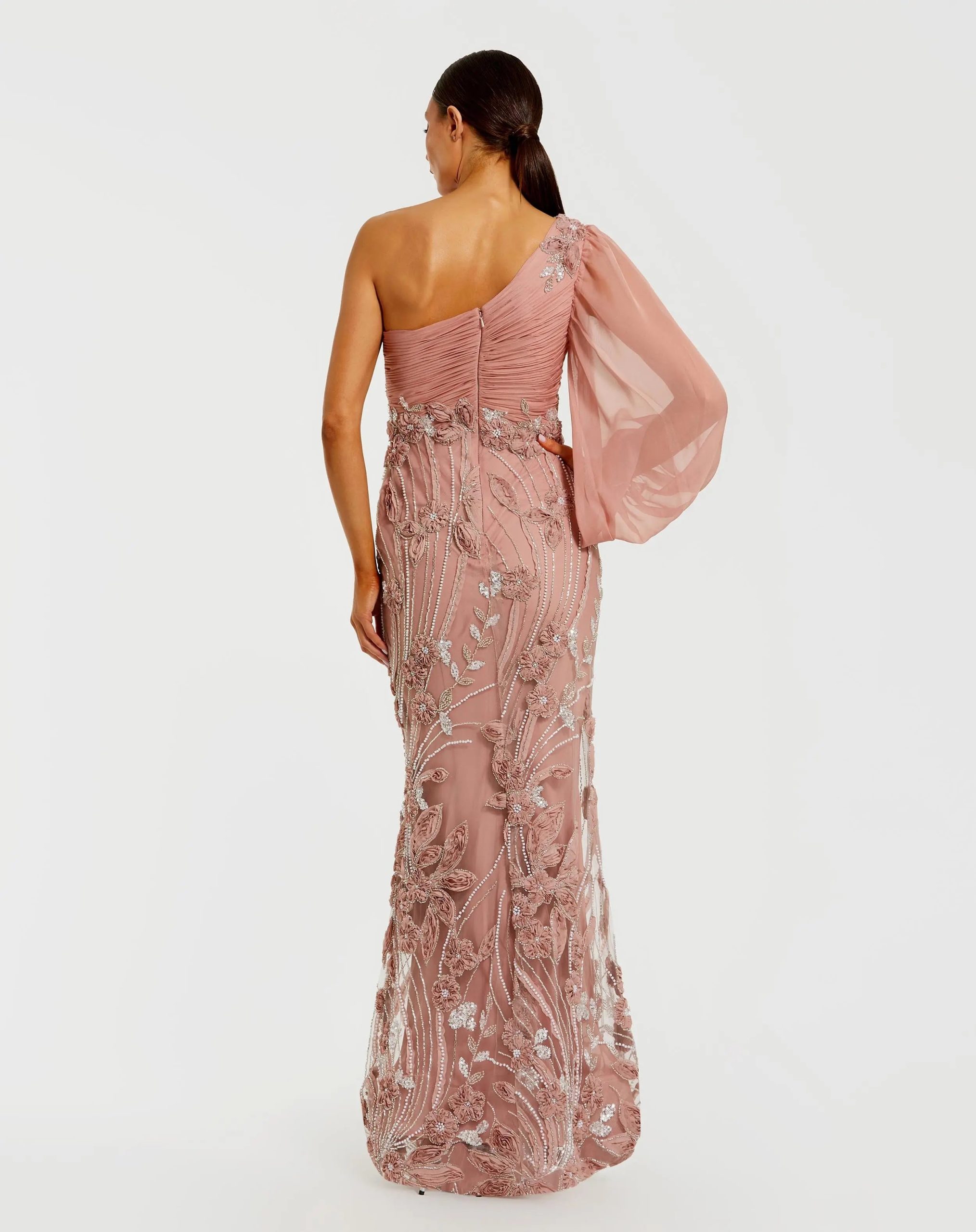 Pink One Sleeve Chiffon Embellished Gown - Image 3