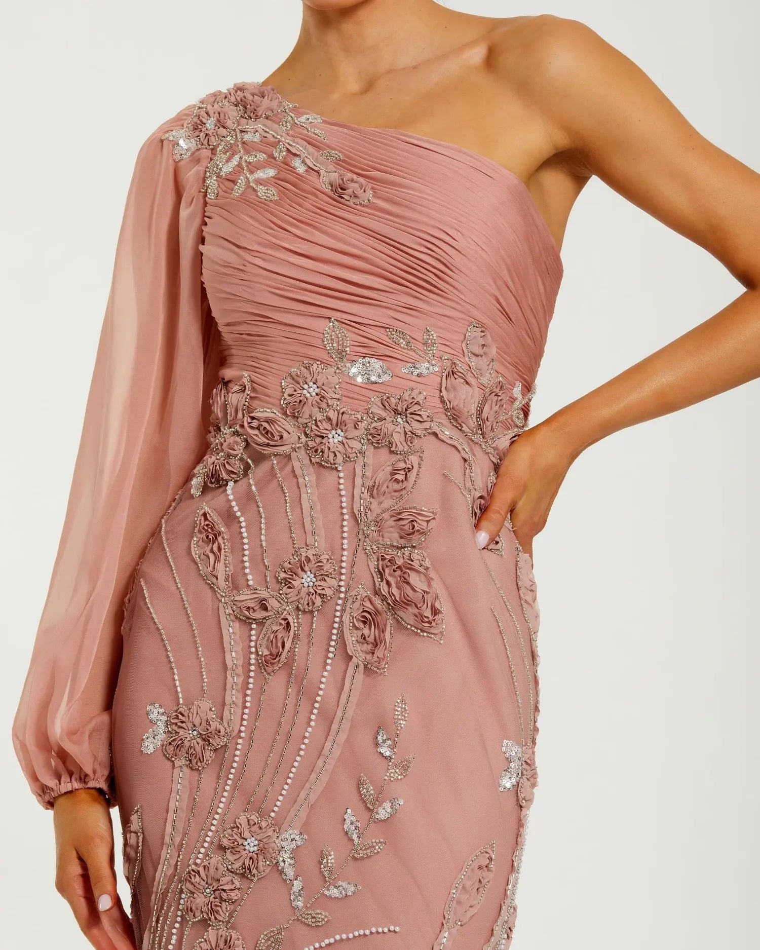 Pink One Sleeve Chiffon Embellished Gown - Image 2