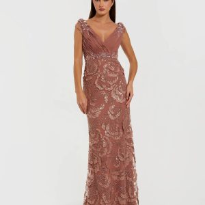 Pink Floral Beaded Chiffon V-Neck Evening Gown