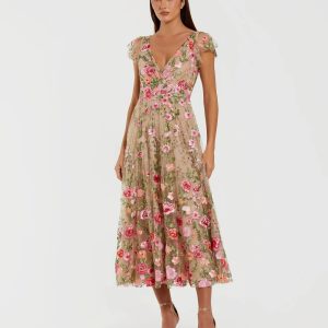 Beige Floral Embroidered Flutter Sleeve Midi Dress