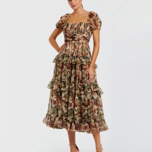 Beige Chiffon Ruffle A Line Midi Dress with Puff Sleeves
