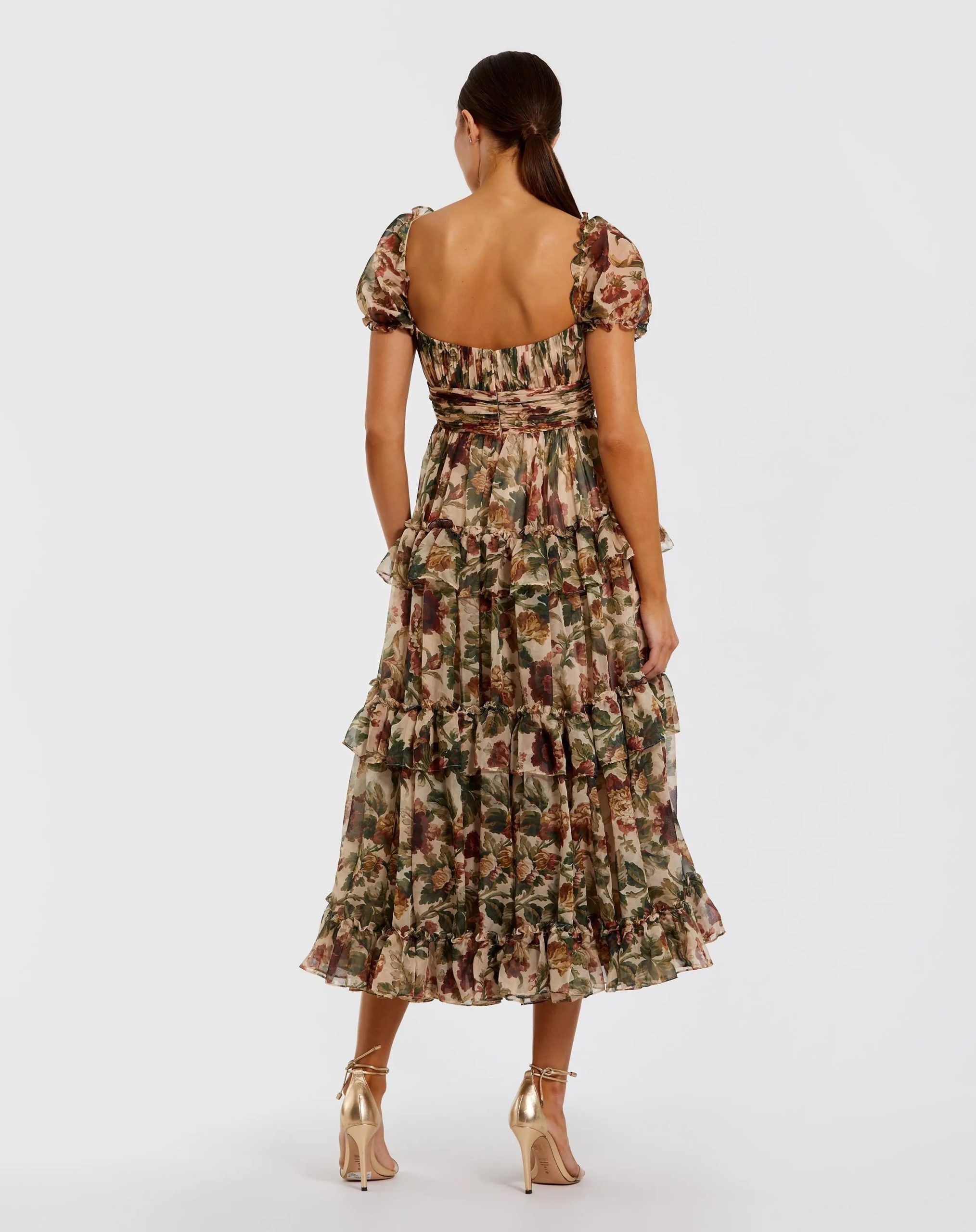 Beige Chiffon Ruffle A Line Midi Dress with Puff Sleeves - Image 3