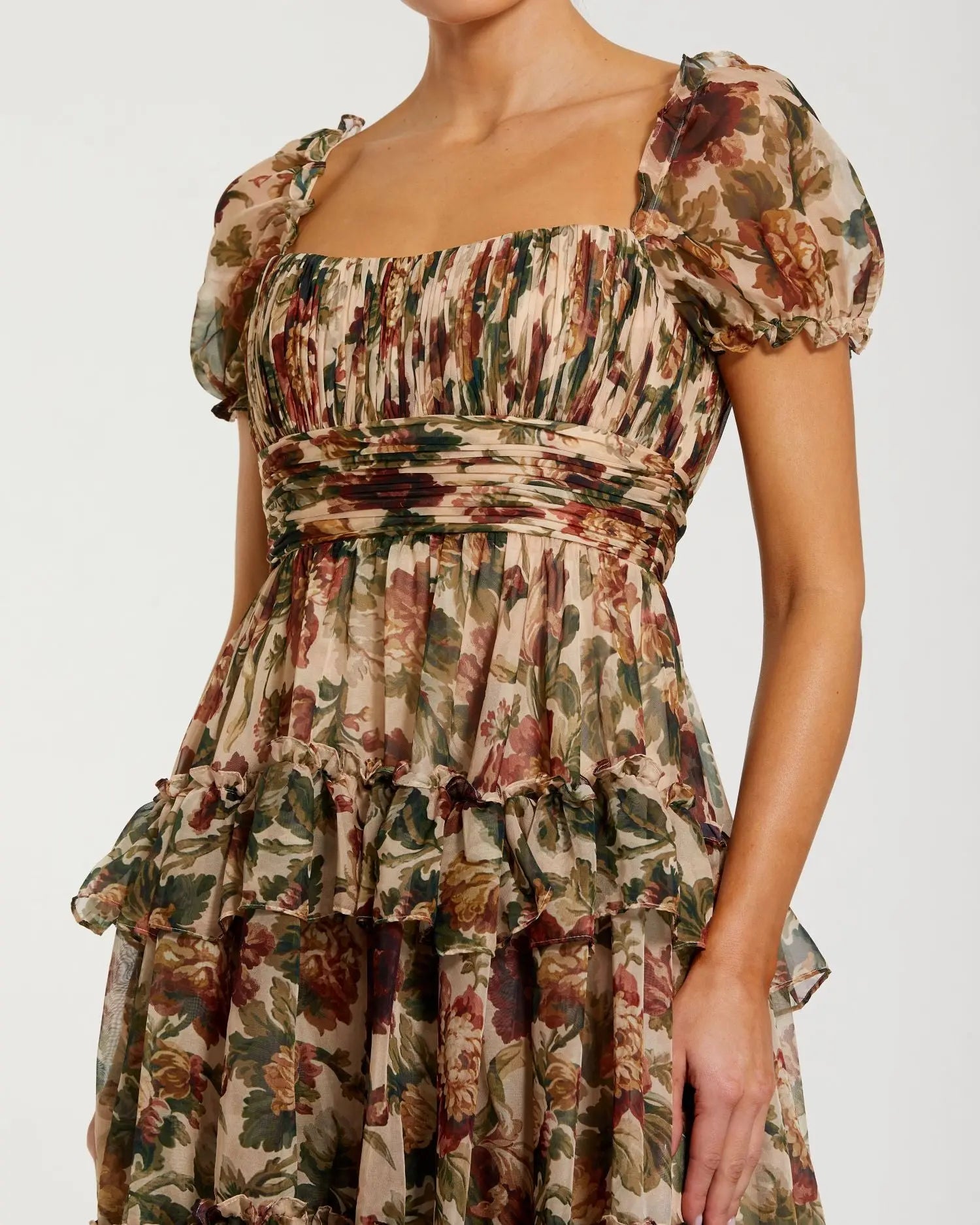 Beige Chiffon Ruffle A Line Midi Dress with Puff Sleeves - Image 2