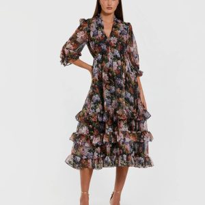Black Floral Chiffon Ruffle Midi Dress with 3/4 Sleeves