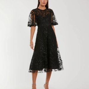 Floral Embroidered Mesh Midi Dress with Flutter Sleeves