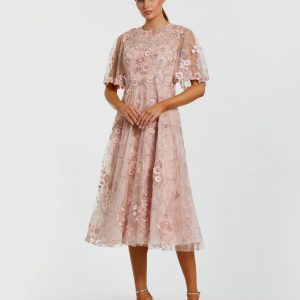 Pink Flutter Sleeve Embroidered Midi Dress