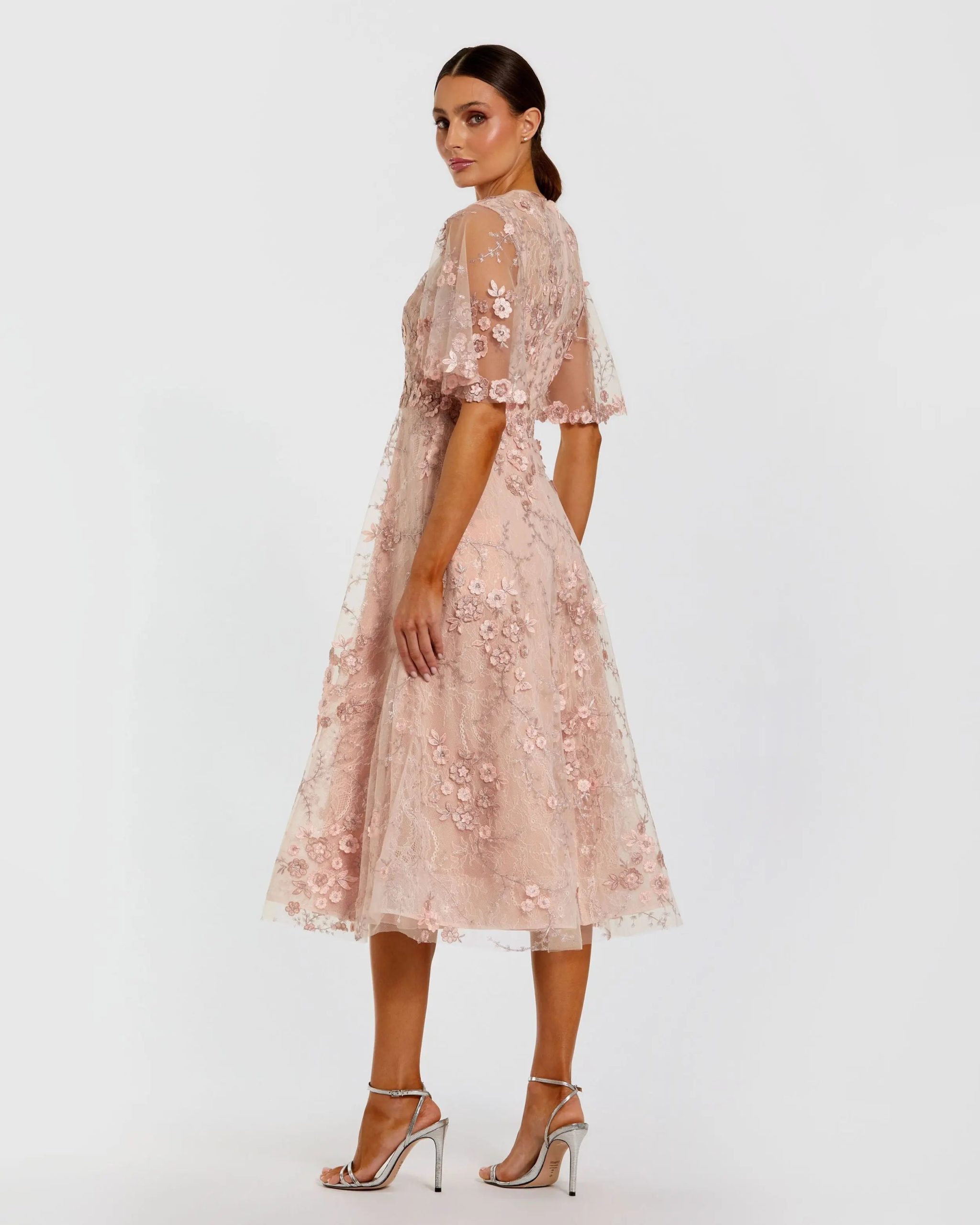 Pink Flutter Sleeve Embroidered Midi Dress - Image 3