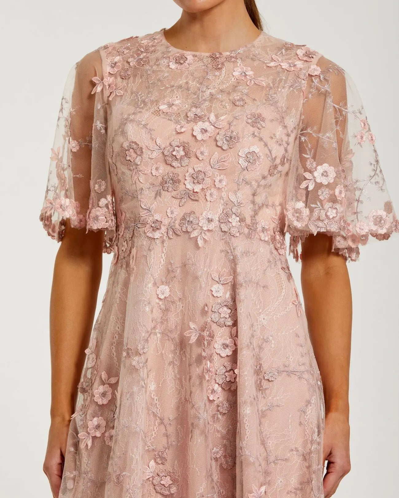 Pink Flutter Sleeve Embroidered Midi Dress - Image 2