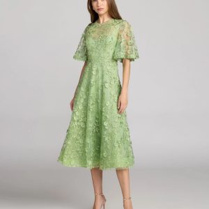 Green Flutter Sleeve Embroidered Midi Dress