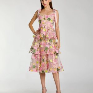 Pink Floral Embroidered Tiered Midi Dress