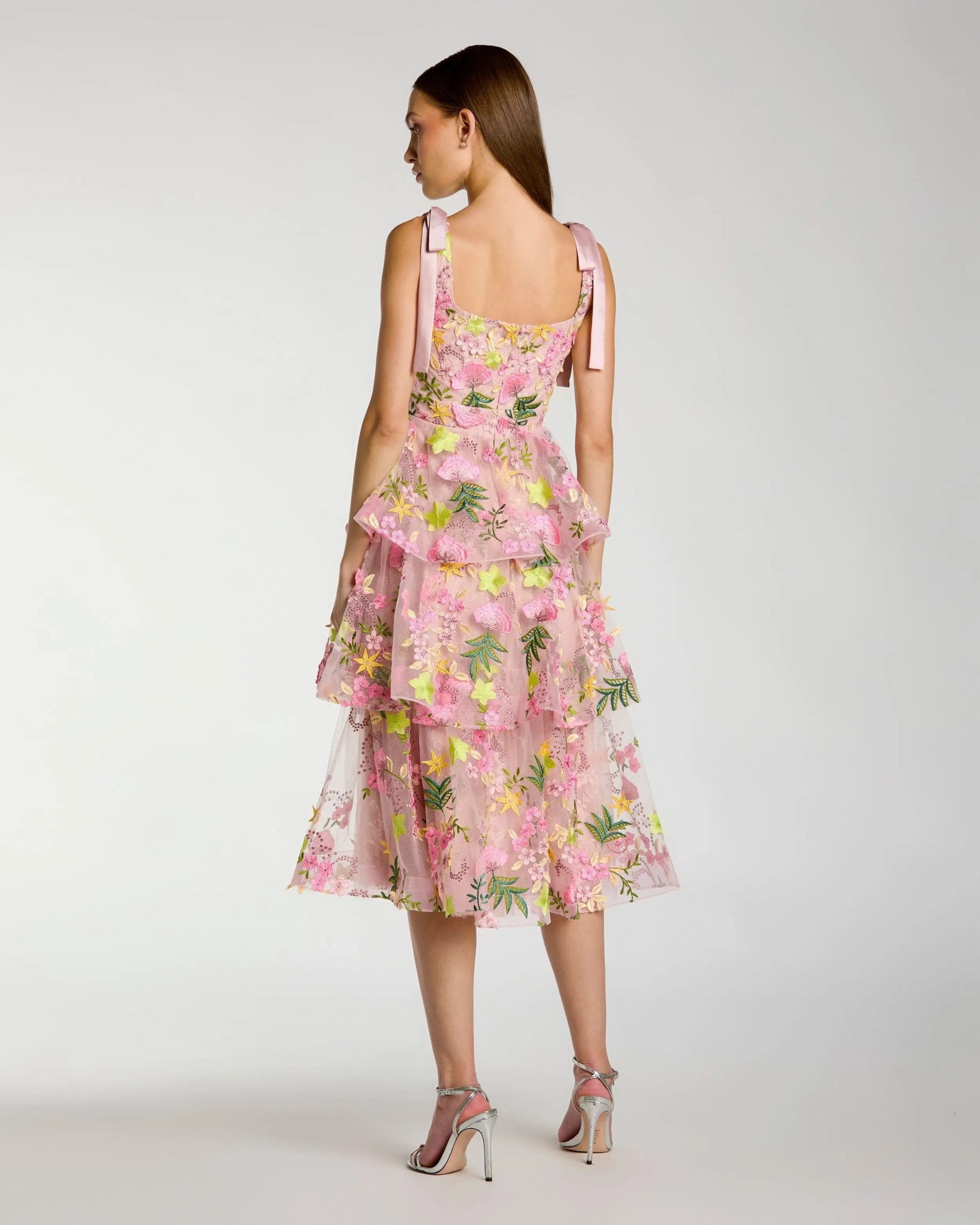 Pink Floral Embroidered Tiered Midi Dress - Image 3