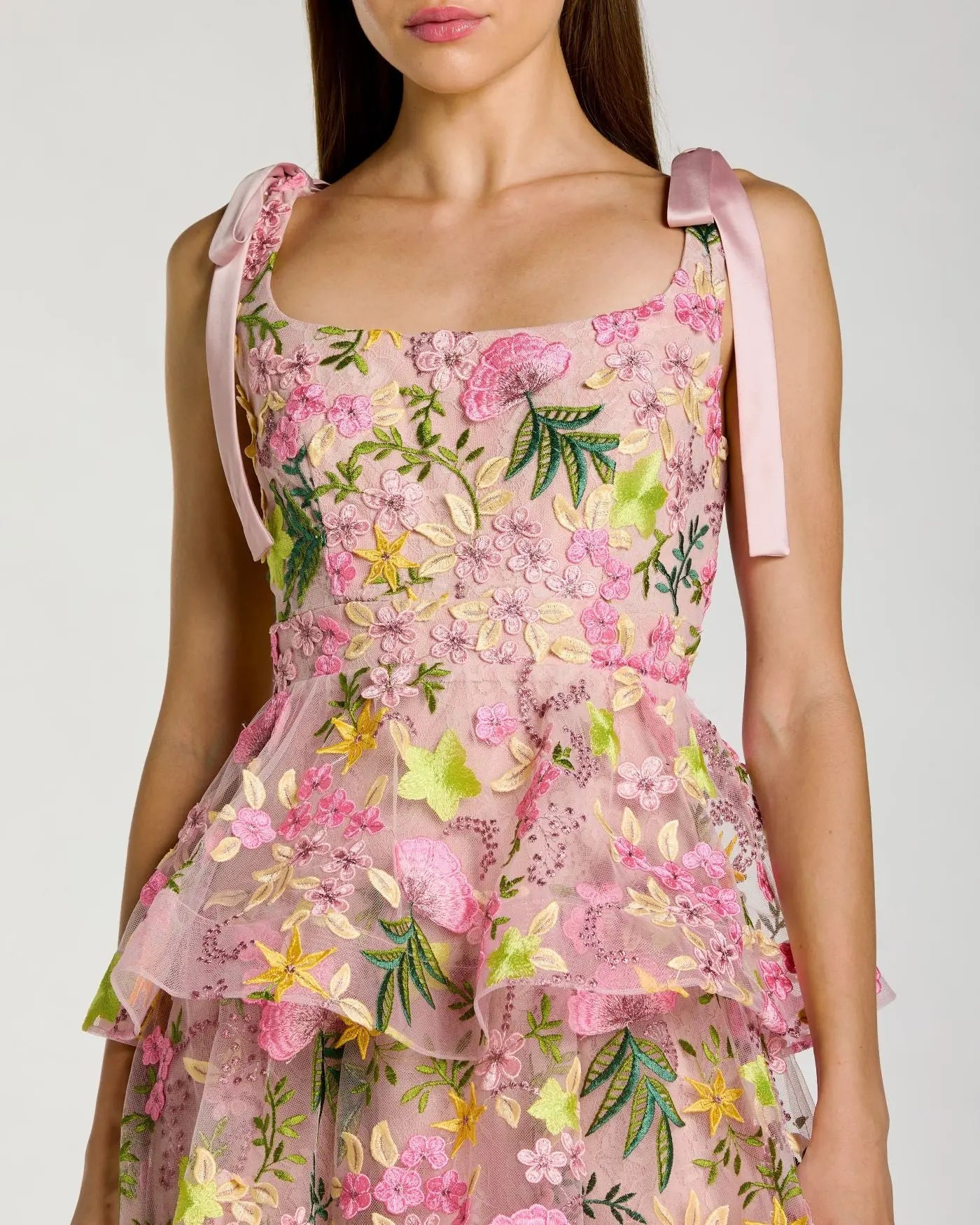 Pink Floral Embroidered Tiered Midi Dress - Image 2