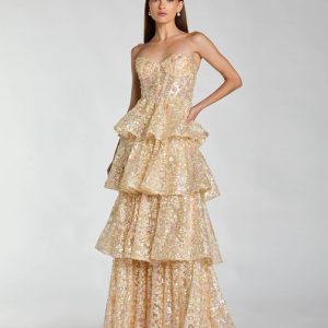 Gold Embellished Strapless Sweetheart Ruffle Gown