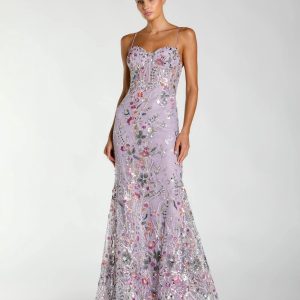 Purple Spaghetti Strap Floral Embroidered Trumpet Gown
