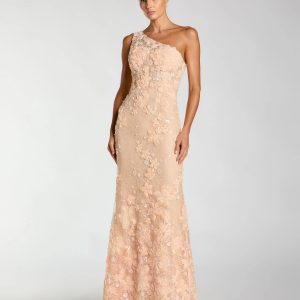 Orange One Shoulder Floral Appliqué Sequin Gown