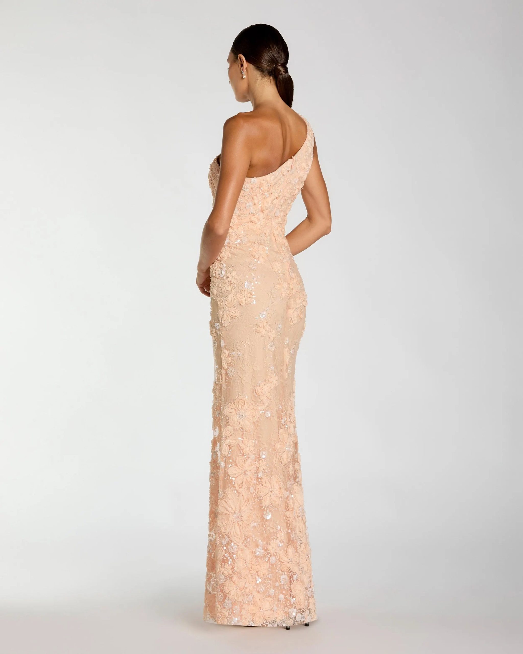 Orange One Shoulder Floral Appliqué Sequin Gown - Image 3