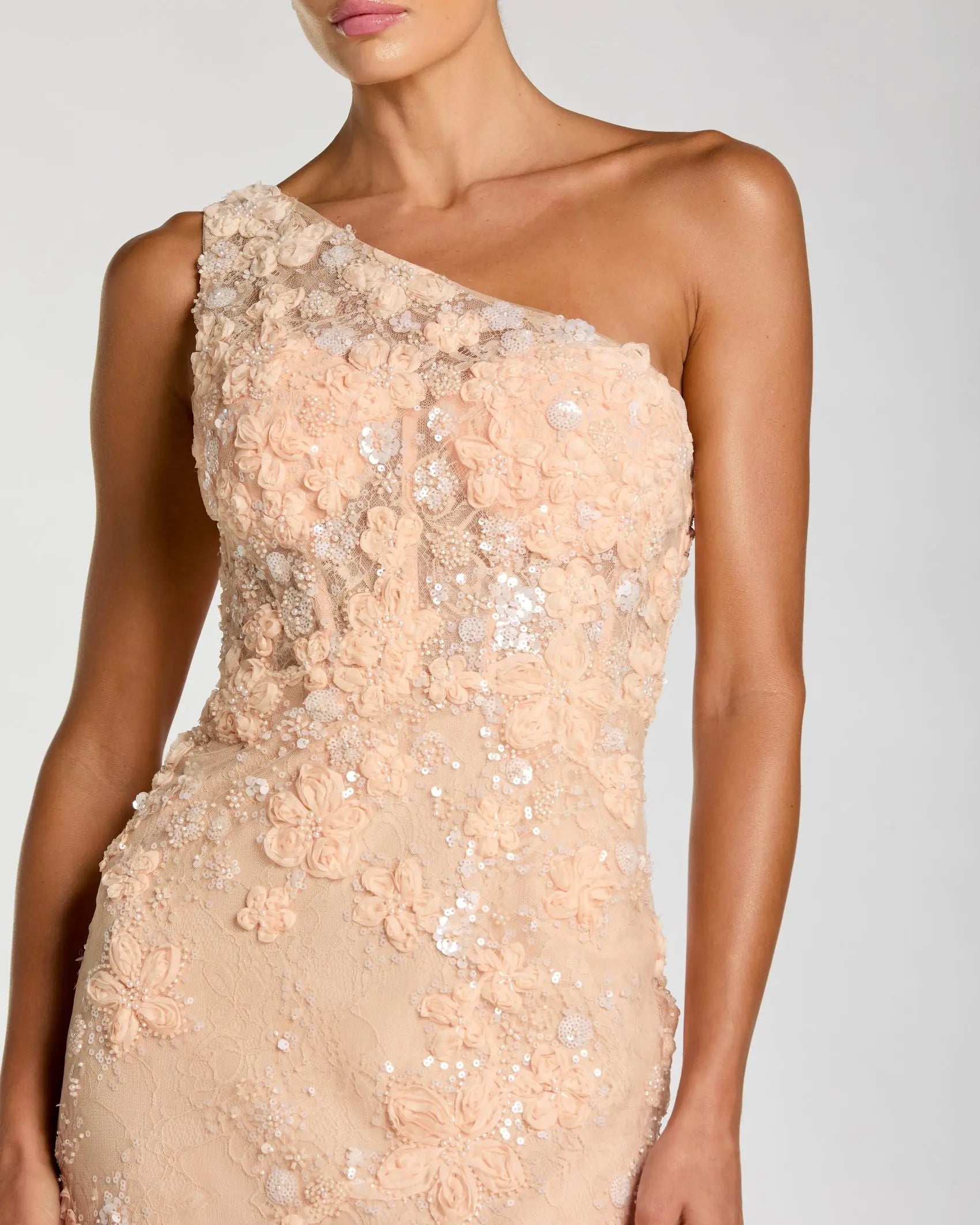 Orange One Shoulder Floral Appliqué Sequin Gown - Image 2