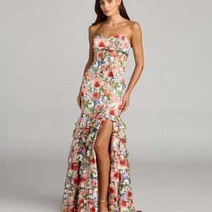 Multicolor Floral Strapless Ruffle Hem Mermaid Gown