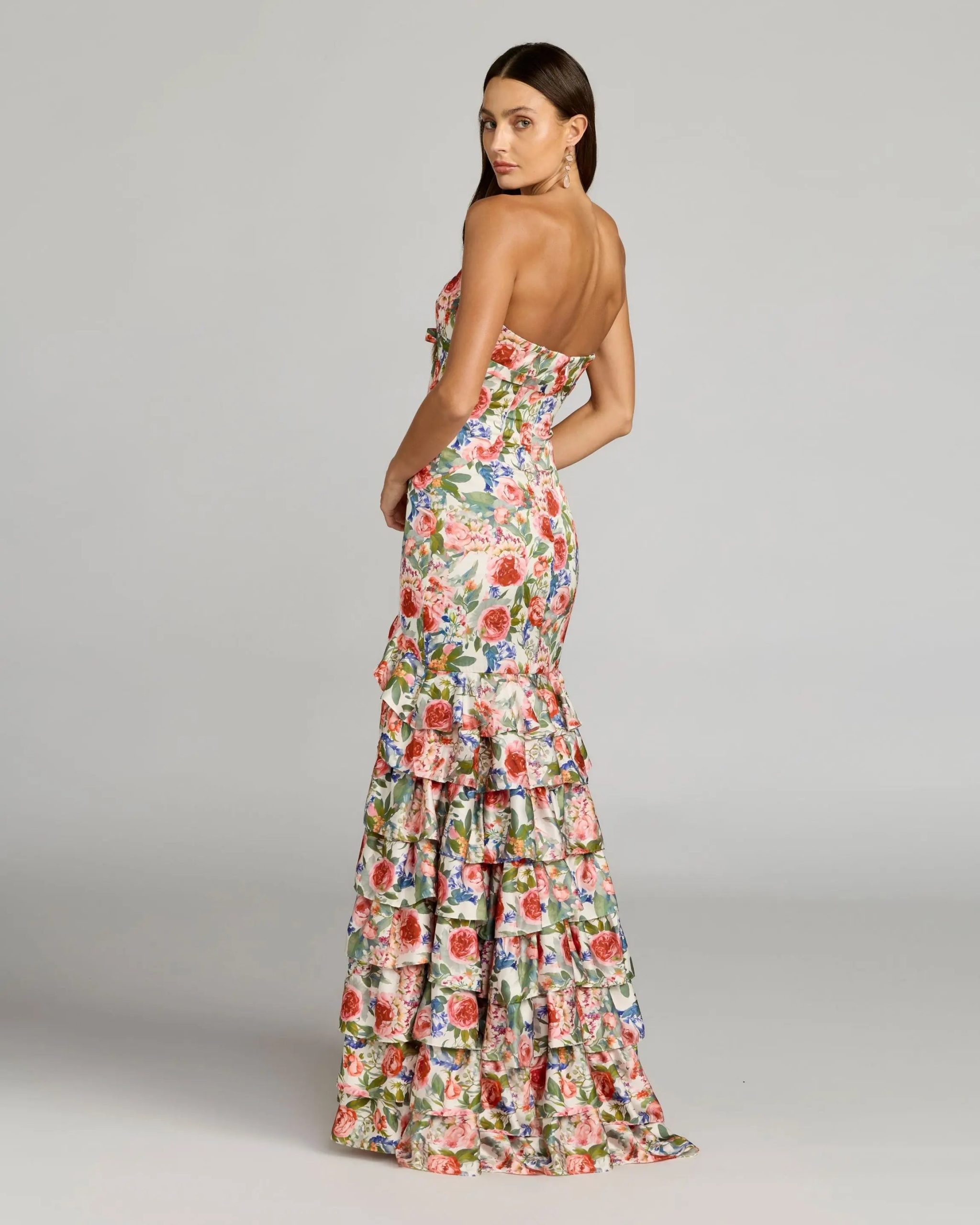 Multicolor Floral Strapless Ruffle Hem Mermaid Gown - Image 3