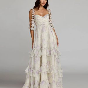 White Floral Chiffon Ruffle Gown With 3D Flower Straps