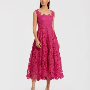 Pink Sleeveless Embroidered Lace A Line Midi Dress