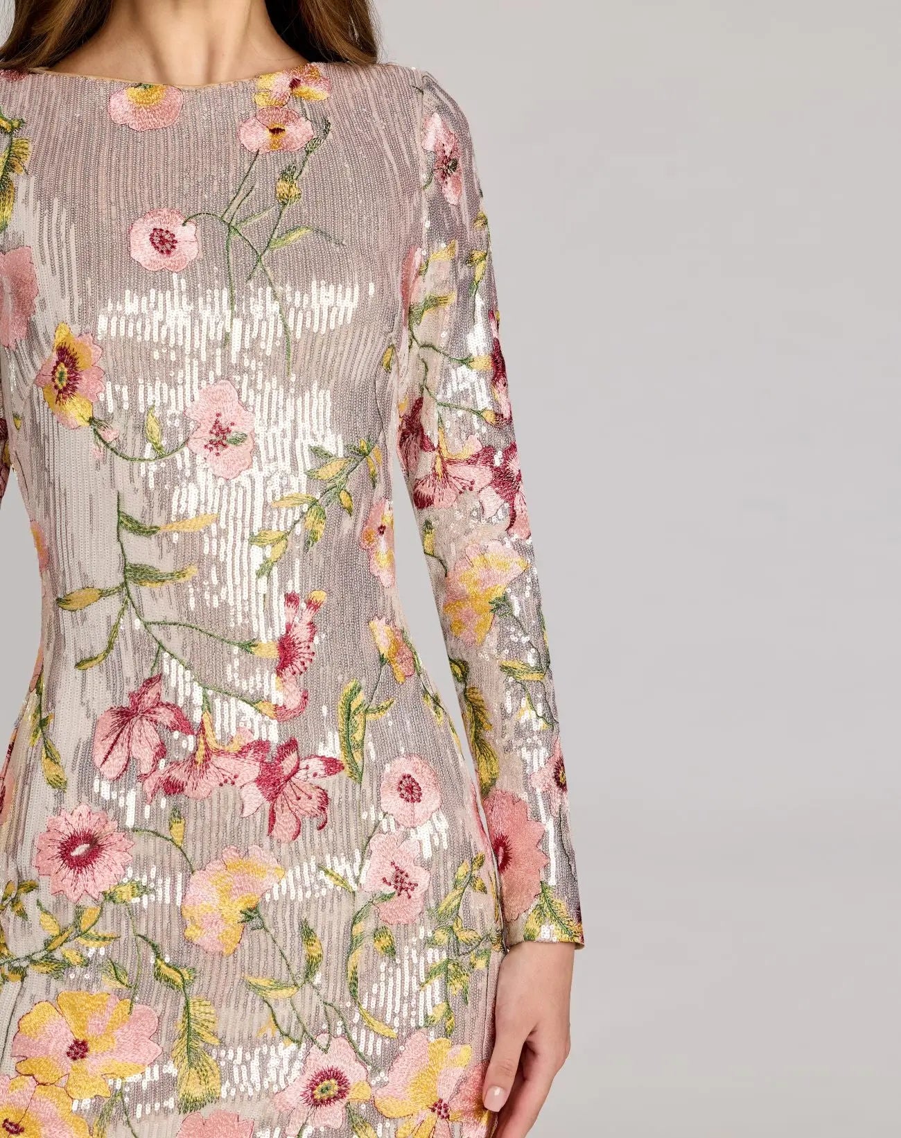 Silver Long Sleeve Floral Embroidered Sequin Mini Dress - Image 2