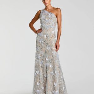 Blue Sleeveless One Shoulder Embellished Lace Gown