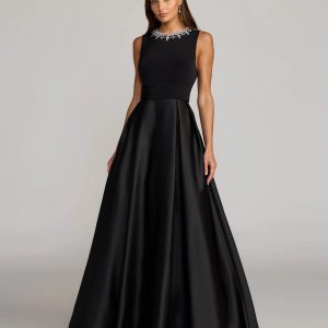 Black Embellished High Neck Sleeveless A Line Gown