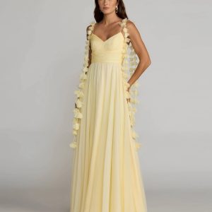 Yellow Chiffon A Line Gown With 3D Flower Straps