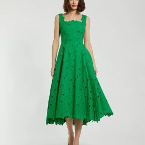 Green Embroidered Cotton A-Line Midi Dress