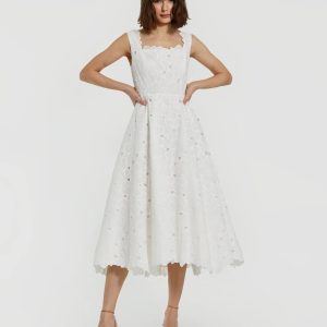White Embroidered Cotton A-Line Midi Dress