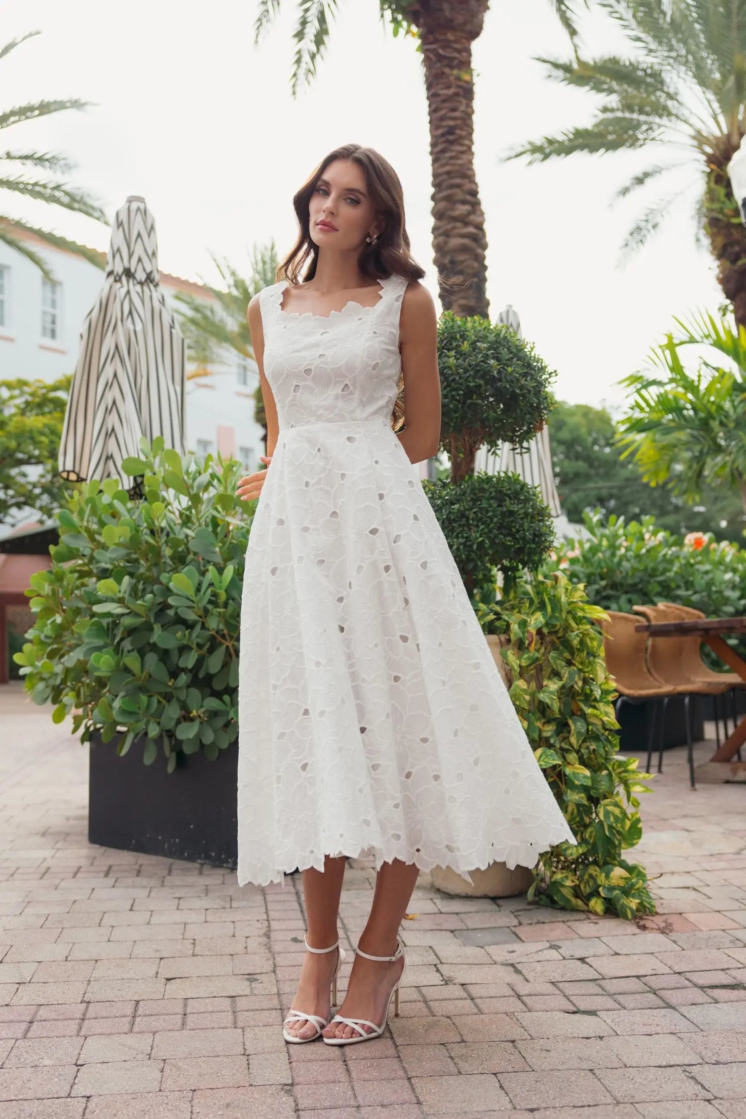 White Embroidered Cotton A-Line Midi Dress - Image 6