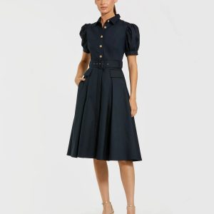 Navy Puff Sleeve Belted Midi Shirt Dress
