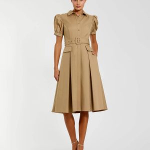 Beige Puff Sleeve Belted Midi Shirt Dress