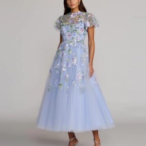 Blue Flutter Sleeve Embroidered A-Line Midi Dress