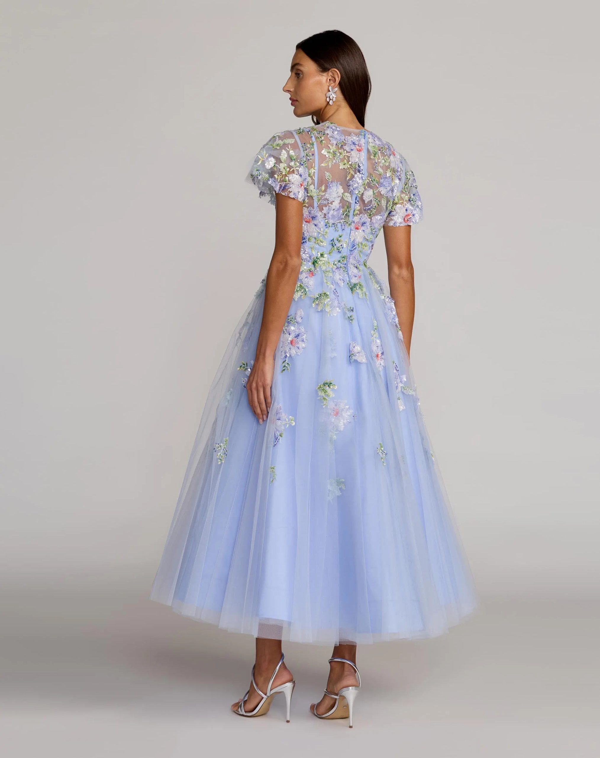 Blue Flutter Sleeve Embroidered A-Line Midi Dress - Image 4